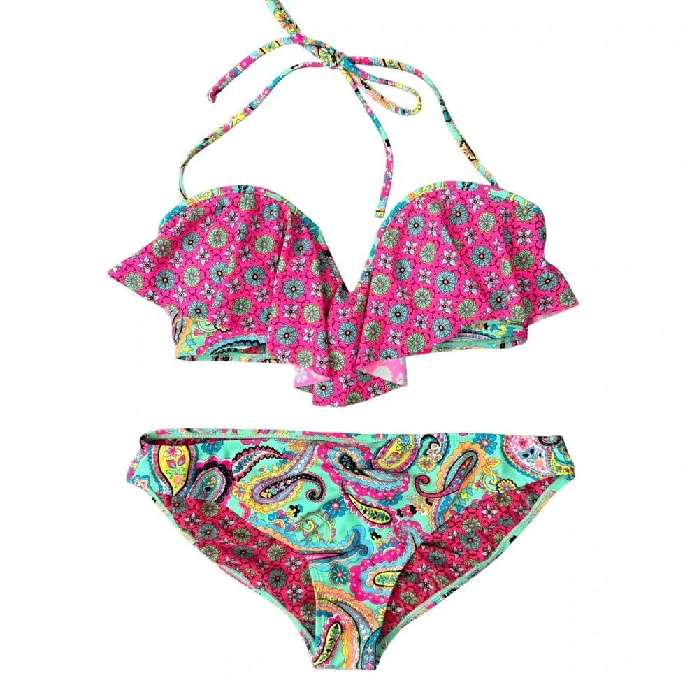 InMocean Womens XL Bikini Set Pink‎ Teal Paisley Floral Ruffle Halter Swimsuit